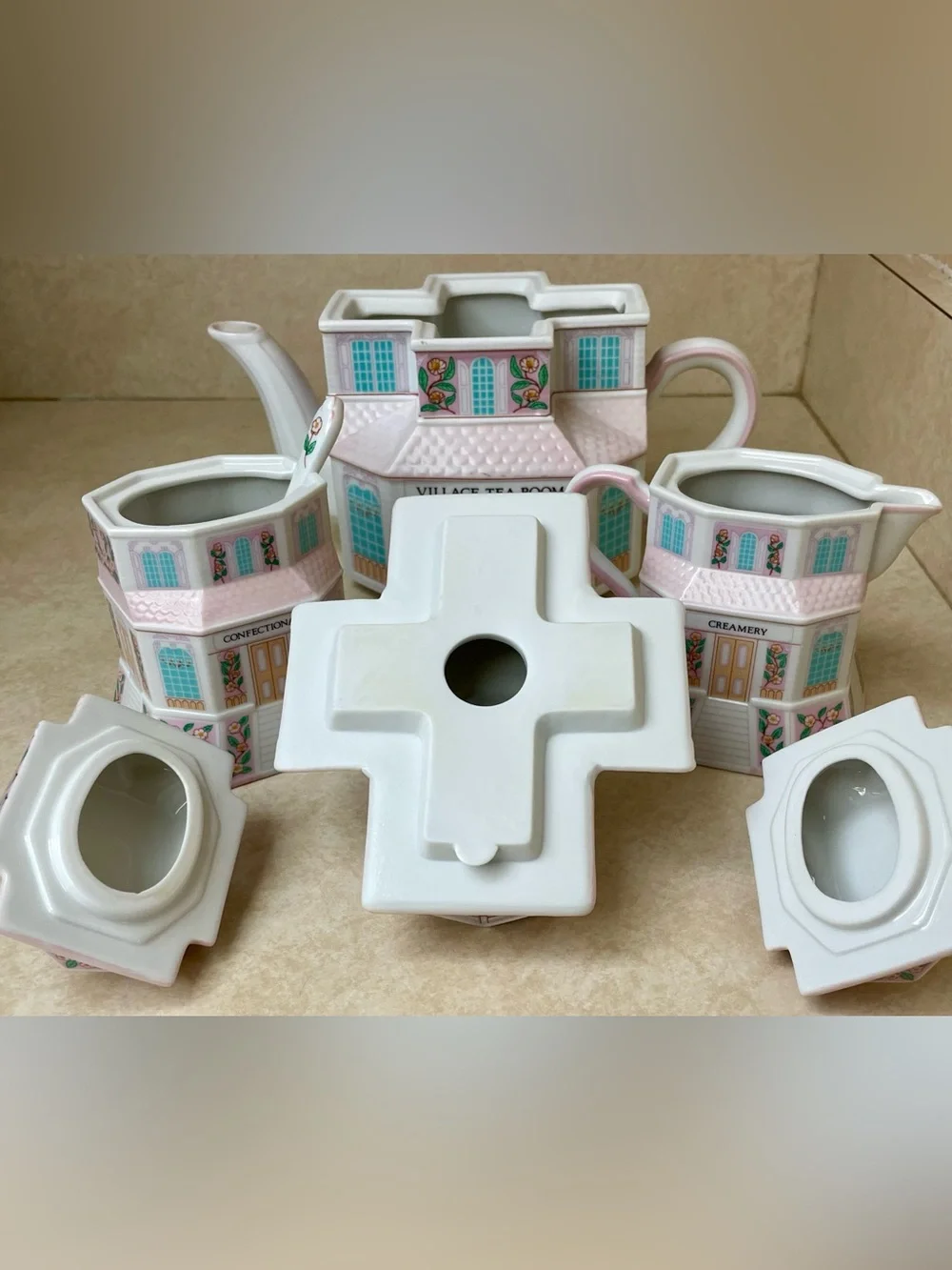 Lenox Village Tea Room 3 Pc Set  Teapot, Creamer, Sugar w/ Spoon  Vintage 1991